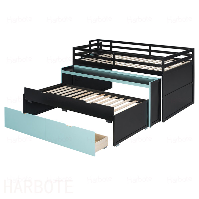 Lit double mezzanine double avec bureau coulissant et lit gigogne simple, lit superposé multifonctionnel avec 2 tiroirs de rangement et marches de rangement, jeu de lit et poste de travail peu encombrant