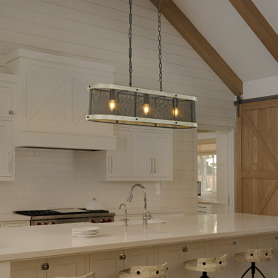 32 po Lustre 3 lumières pour îlot de cuisine en maille noire avec cadre rectangulaire en bois blanc patiné