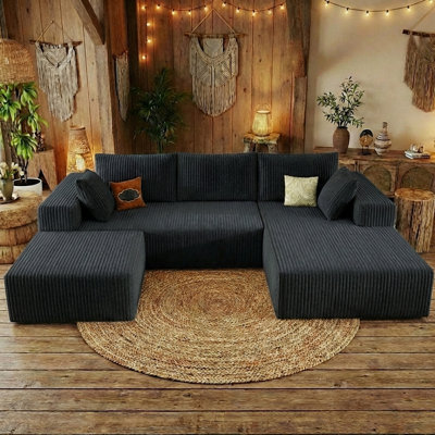 Modular Sectional Sofa Cloud Sectional Couch, 96" Comfy Fluffy U-Shaped Couches for Living Room, Deep Seat Memory Foam Plush Corduroy Boneless Couch Sectionals No Assembly