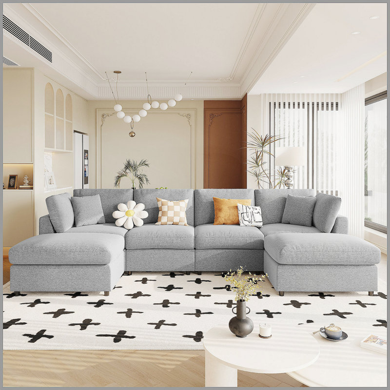 Grand canapé modulaire en forme de U de 128 po avec 2 repose-pieds mobiles, tissu chenille, conception modulaire pour le salon, le cinéma maison et l'espace spacieux