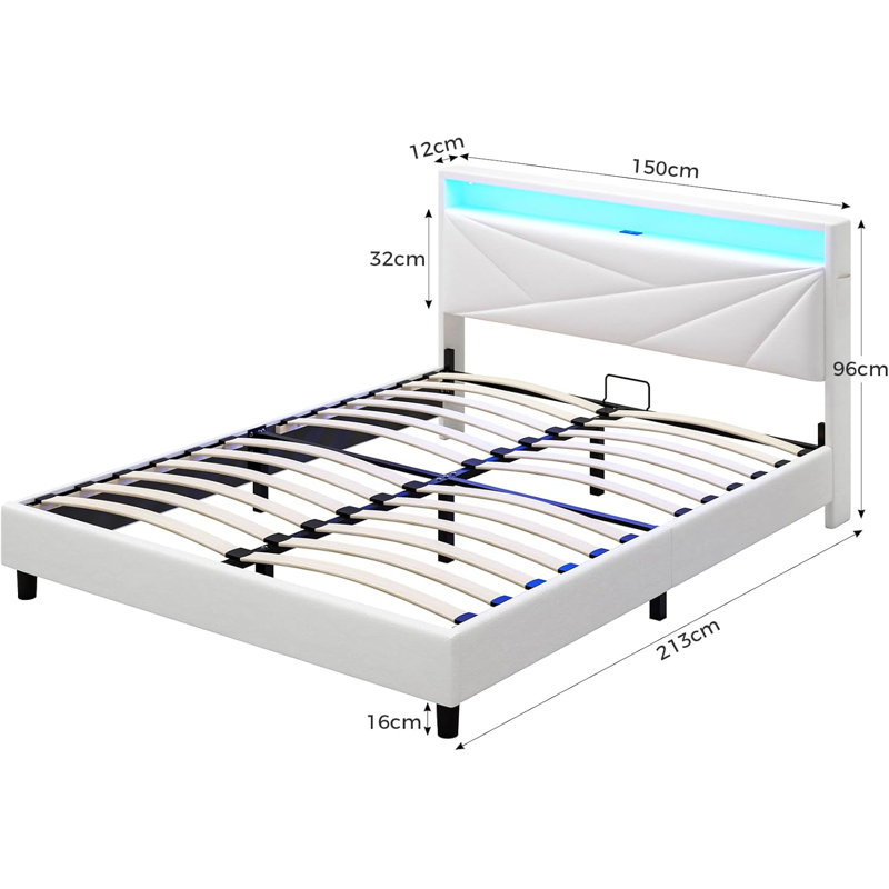 Upholstered bed with LED lighting and sockets, White, Kingsize (5')