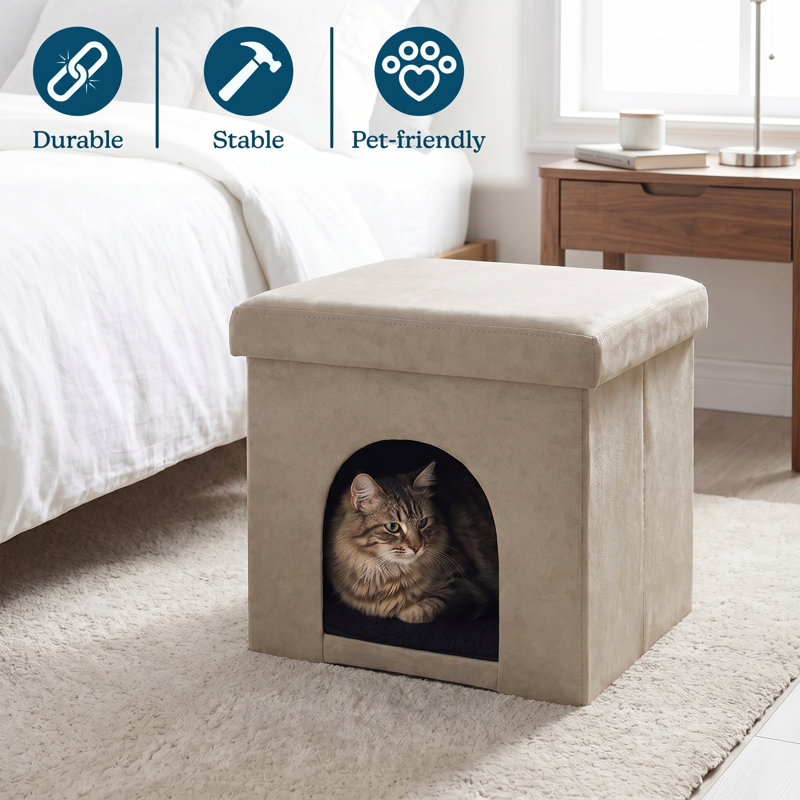 PETMAKER Cat House – Collapsible Multipurpose Small Dog or Cat Ottoman with Footrest, Cushioned Top, and Interior Pillow