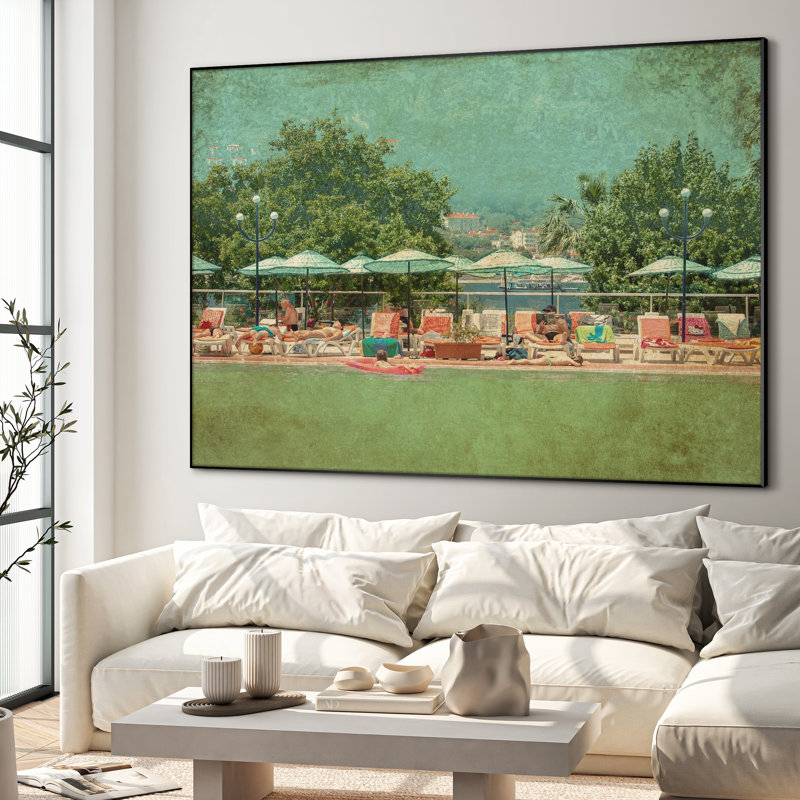 Très grand imprimé sur tissu mural - chaises longues tropicales relaxantes au bord de la piscine pour décoration de maison de plage ou de patio pour le salon ou la chambre à coucher - «Assemblage requis du cadre (cadre non fini)»