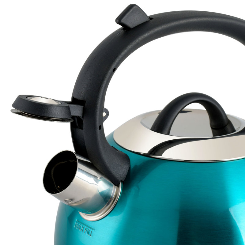 Turquoise Stainless Steel Whistling Tea Kettle with Nylon Handle, 1.75 Quart