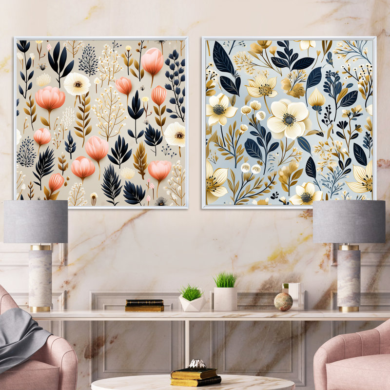 Tennille - Ensemble de 2 collages carrés botaniques abstraits, Cadre flottant blanc, H 36 po x l 73 po