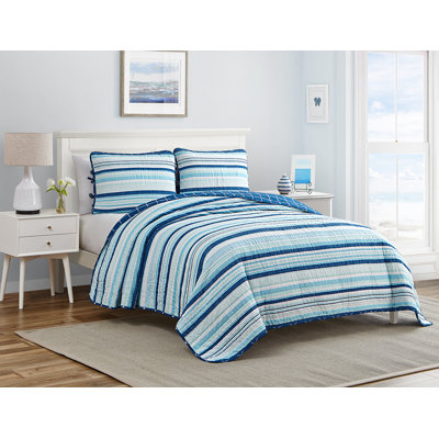 DESIGN STUDIO Newport Stripe Navy/Blue 3-Piece Reversible Cotton Quilt Set