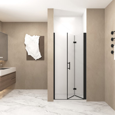 Porte de douche pliante de 33 à 32 po x 72 po, verre trempé de 1/4 po (6 mm), cadre en aluminium noir mat, film antidéflagrant