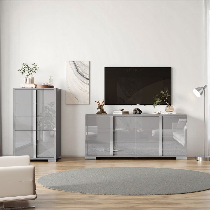Dulane 2 Pieces Modern Highlgloss Bedroom Set, Gray, Gray