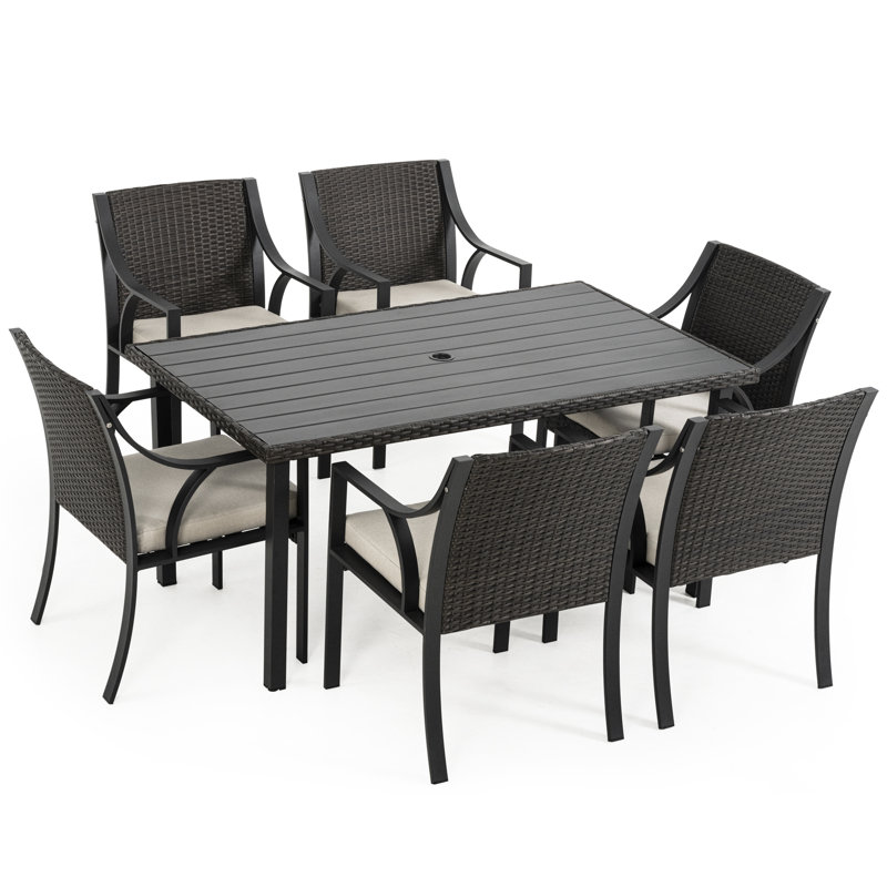 7-Piece Outdoor Patio Dining Set with Umbrella Hole and Cushions, Beige