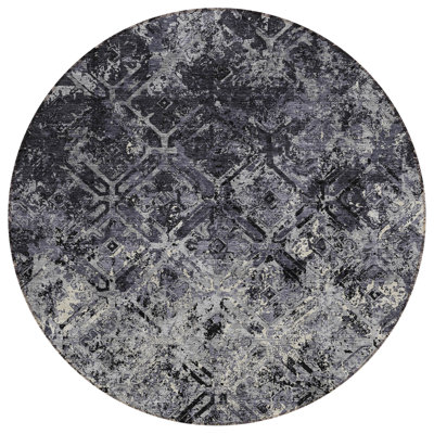 8' Gray Round Geometric Washable Indoor Outdoor Area Rug