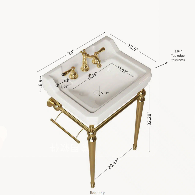 Évier console en céramique blanche 23 po, pieds autoportants dorés avec barre à serviettes, 3 trous pré-percés, Doré, Gold