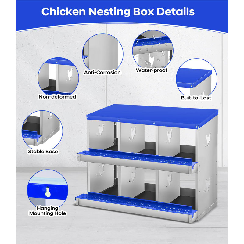Boîte de nidification à 6 compartiments pour poulets en métal, collection Roll Away Egg, nichoir à volaille ventilé bleu à fixation murale, sans pieds en métal, bleu