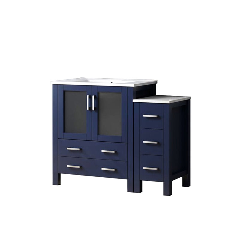 Bleu marine 42 po Meuble-lavabo simple W avec armoire latérale et comptoir en céramique blanche, structure en bois massif, tiroirs à fermeture en douceur, un intérieur pour le rangement, comptoir à teinture longue durée, robinet pré-percé