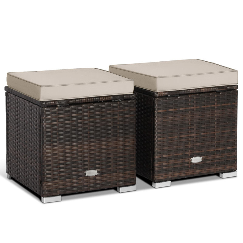 2-Pieces Patio Ottoman Set Outdoor Wicker Stool With Storage, Beige