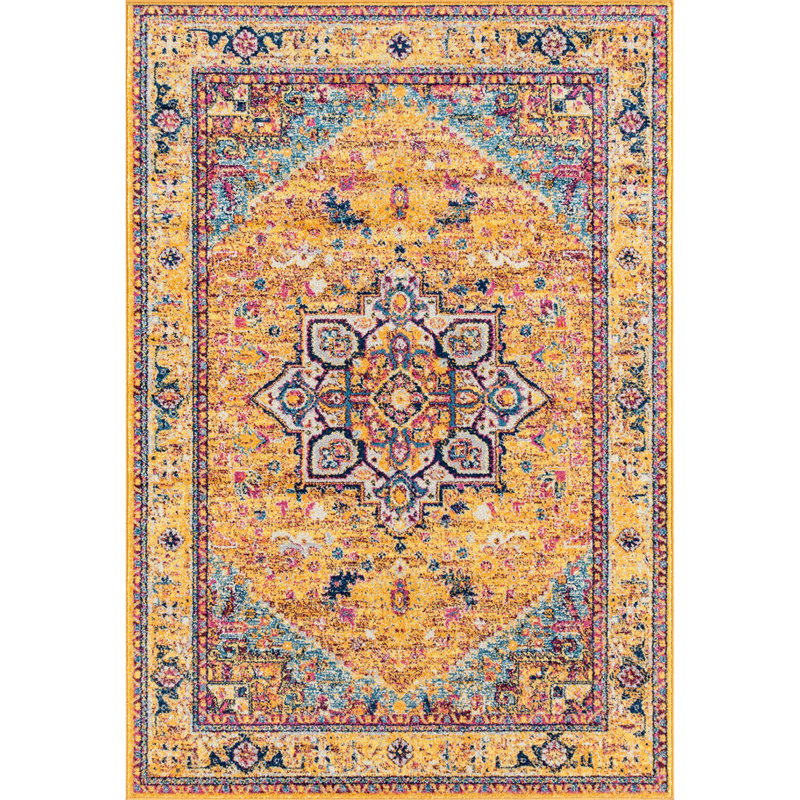 Tapis oriental orange / bleu / jaune, Tapis de couloir 2 pi 7 po x 7 pi 2 po
