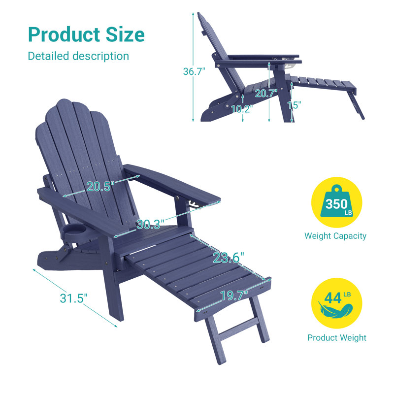 4pcs Folding Adirondack Chair with Retractable Ottoman and Cup Holder Adjustable Adirondack Chair with Footrest Set, Navy