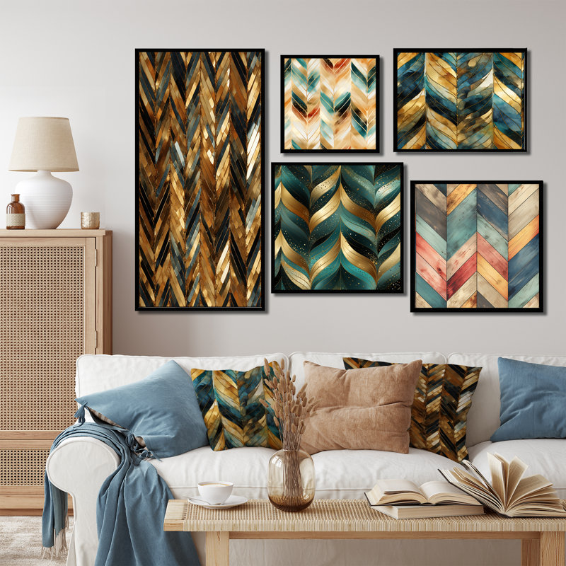 Ensemble de 5 reproductions d'art sur toile dorées à chevrons dorés et noirs, Cadre flottant noir