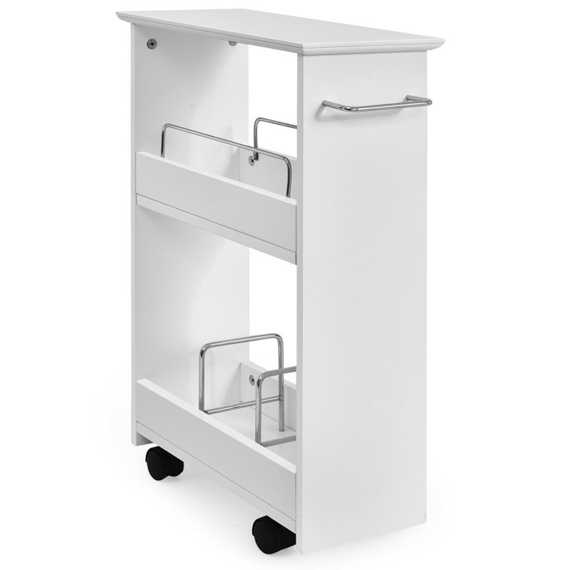 White Slim Rolling MDF Storage Cabinet with 3 Shelves