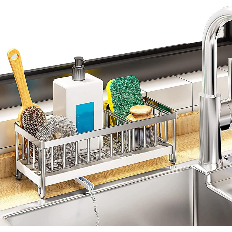 Organisateur de panier d'évier de cuisine en acier inoxydable | Vidange automatique rapide | Diviseur de conception | Parfait pour les éponges et les outils de nettoyage