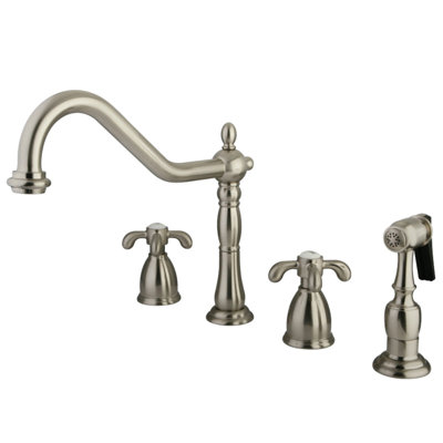 Kingston Brass French Country Double-Handle 4-Hole Widespread Kitchen Faucet with Brass Sprayer