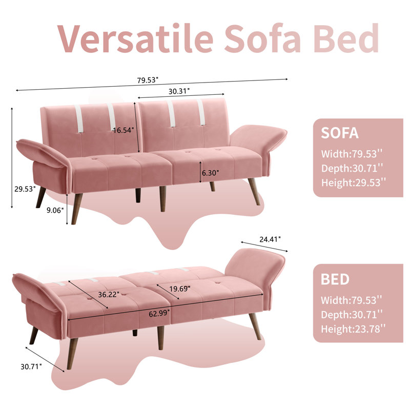 Leachville 79.53'' Velvet Convertible Sofa, Pink Velvet