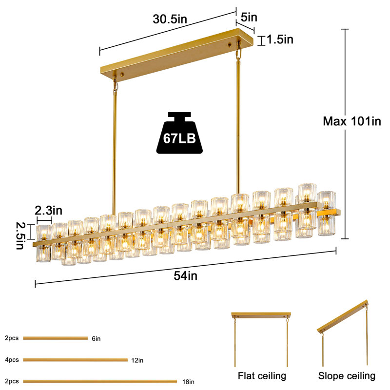 Jaylnn 60 - Light 54’’  Crystal Dimmable LED Kitchen Island Rectangle Chandelier(Includes 60XG4 Bulbs), Gold