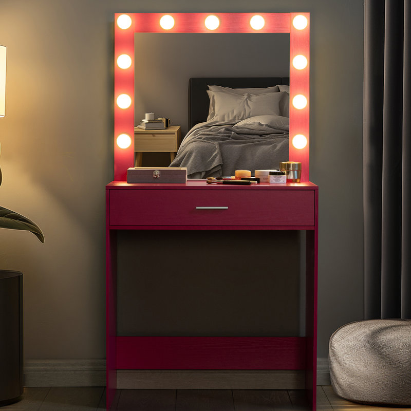Bureau de coiffeuse avec miroir et lumières, coiffeuse avec grand tiroir, commode de rangement à 1 niveau et 3 modes d'éclairage à luminosité réglable