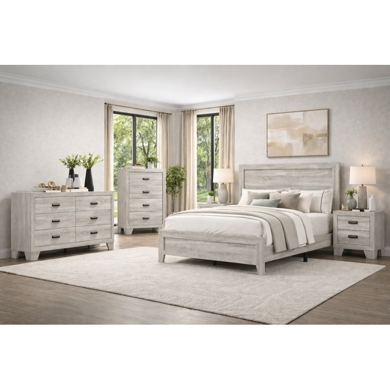 Ensemble de chambre à coucher à panneau moderne avec finition gris clair, Lit double, 5 pièces
