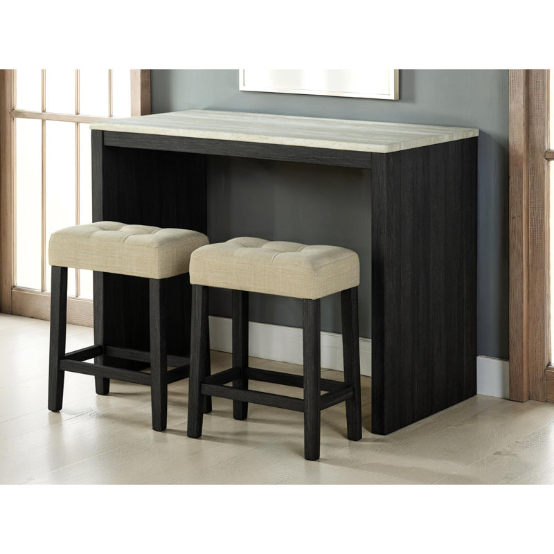 Table de salle à manger 3 pièces - Coussins de tabouret, rectangulaire, rustique, plateau de table gris-beige, 2 tabourets