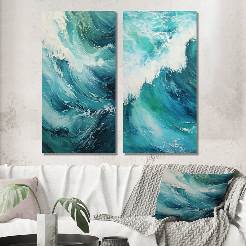 Ensemble de 2 décorations murales en métal Ocean Teal Wave Expression - Coastal Waves, H 28 po x l 24 po