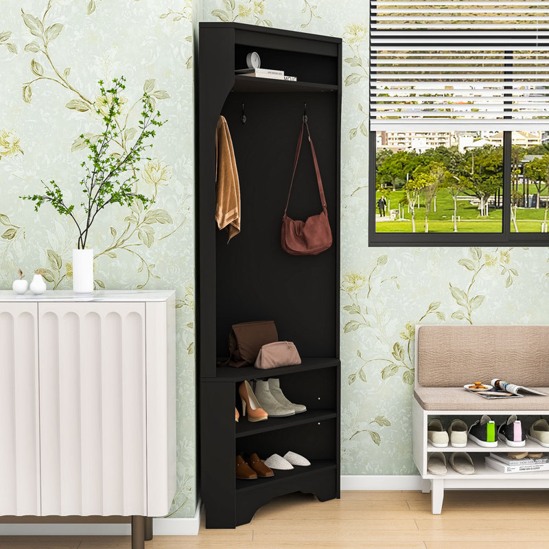 Modern Corner Hall Tree with Built-In Shoe Bench, Hooks and Storage Shelf, Black