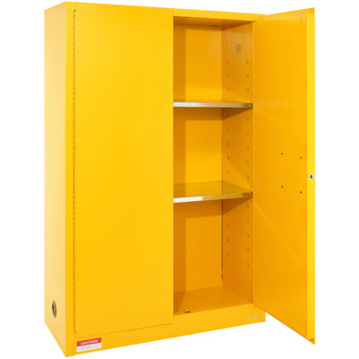 Armoire de rangement en acier inflammable 45 gal, 42,9 x 18,1 65,2 po, preuve, jaune, utilisation industrielle, 2 tablettes réglables, portes manuelles, ventilée, sécurisée avec système de rangement, de mise à la terre et 3 systèmes de verrouillage