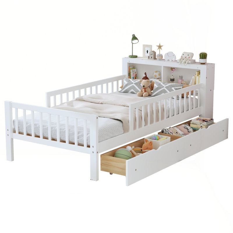 2 Drawers Bed With Bookcase Headboard And Guardrails, White