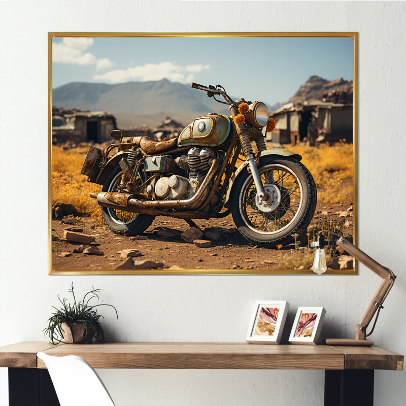 Rustic Adventure - Moto - Décoration murale moto, Cadre flottant doré, H 34 po x l 44 po x P 1,5 po