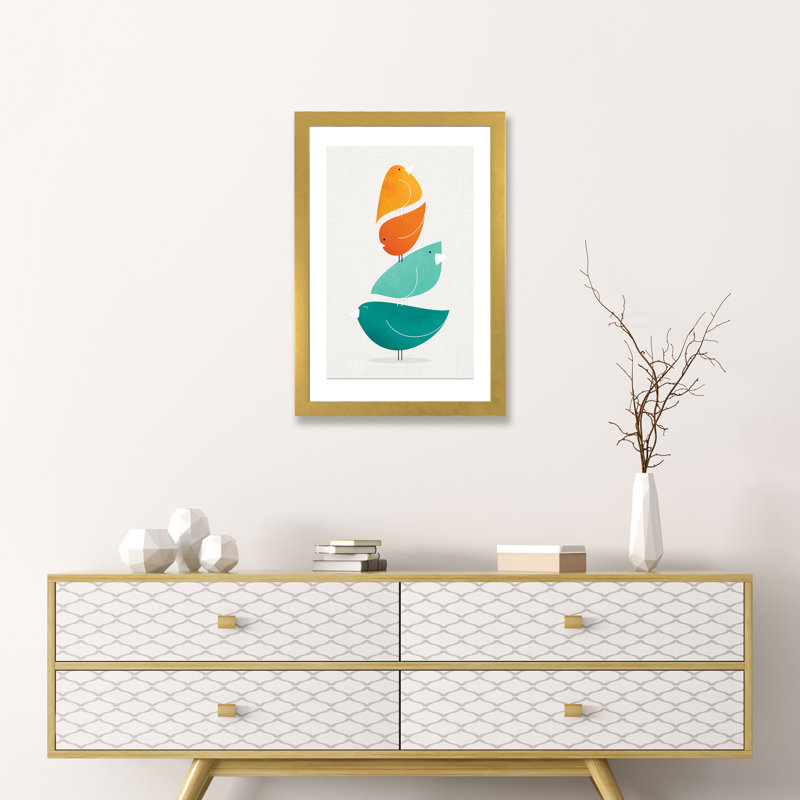 «Bird Stack II» par Modern Tropical - impression d'art graphique, H 24 po x l 16 po x P 1 po, Papier encadré doré
