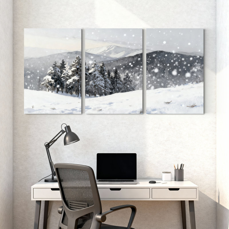 Paysage d'hiver enneigé avec arbres et montagnes, ensemble de 3 impressions sur toile, H 18 po x l 36 po