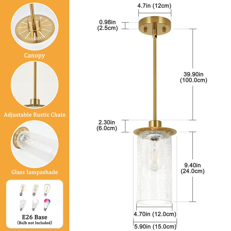 Luminaire suspendu en verre craquelé 1 lumière pour îlot de cuisine