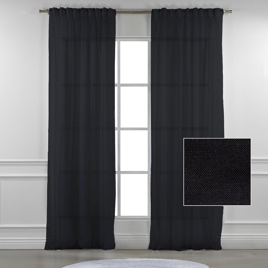 Linen Sheer Single Curtain Panel, 52" W x 84" L, Black