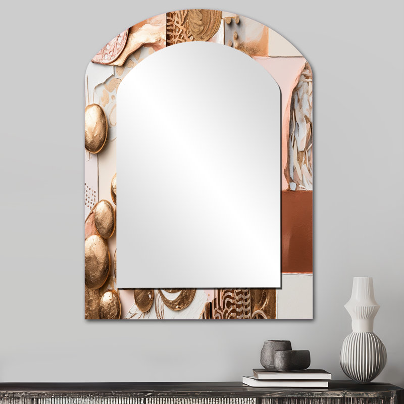 Gold And White Geometric Serenity II - Geometric Asymmetrical Unique Wall Mirror, Modern Arch Mirror, Printed Metal Art