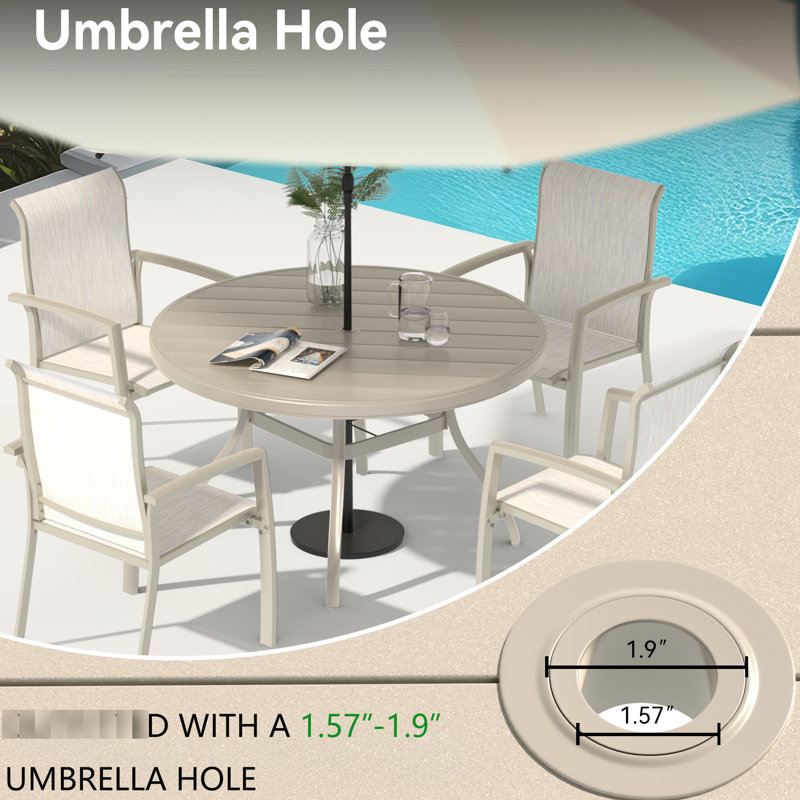 Outdoor Round Patio Dining Table For 4 - 6, All Weather Metal With Umbrella Hole Lawn, Garden, Backyard. Powder Coated Rust Resistance, Bent Leg Design Stability And Aesthetics, Non Marring Foot