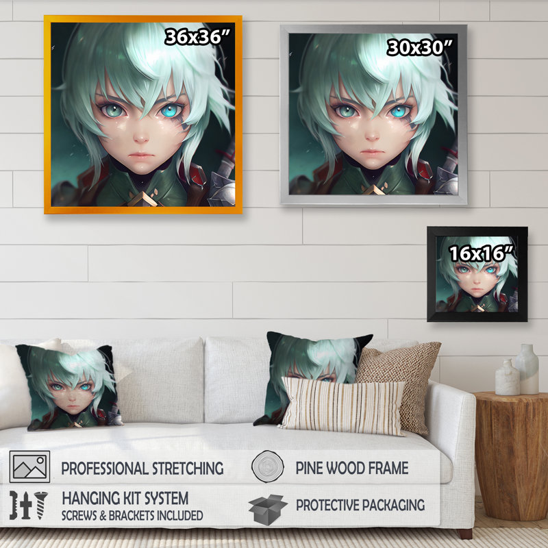 Garçon animé aux yeux turquoise - reproduction sur toile, Impression noire sur toile encadrée, L 16 po x H 16 po