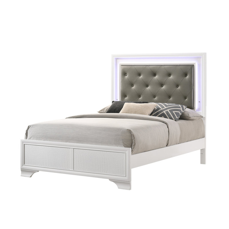 Lit simple pour enfant avec tête de lit tapissier en peau de crocodile blanche et conception multifonctionnelle