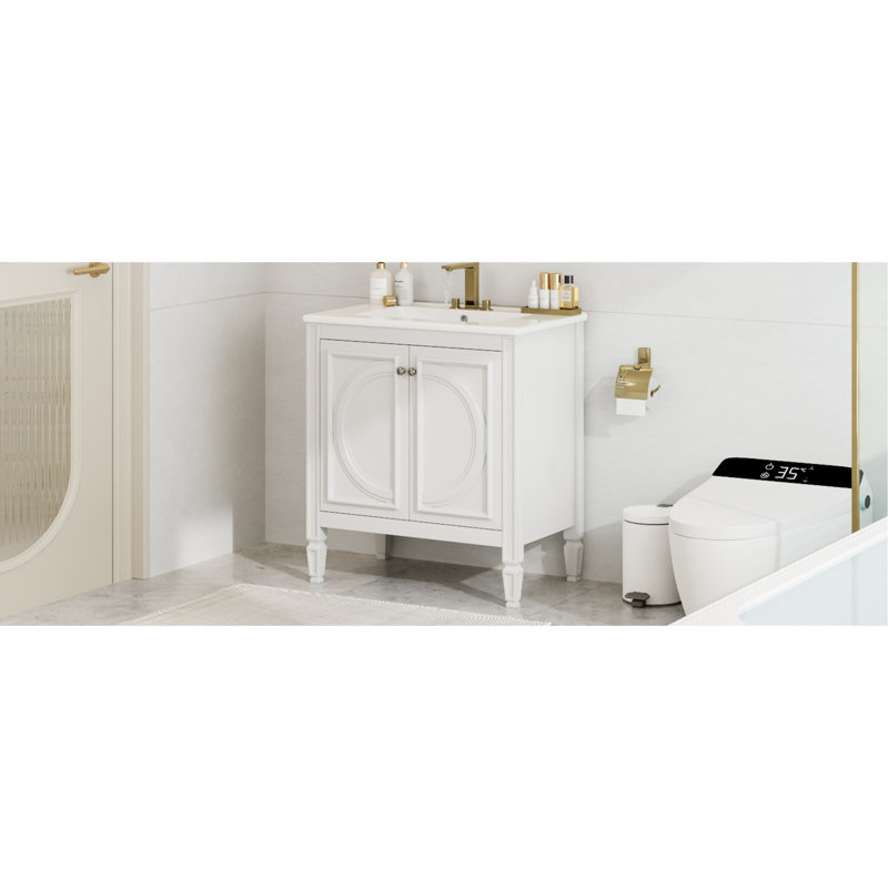 Meuble-lavabo de salle de bain avec lavabo, deux portes avec tablette, charnières de porte à fermeture en douceur, style rétro