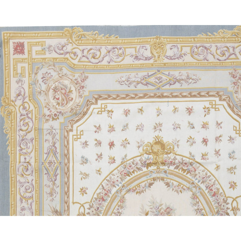 Hand-Knotted High-Quality Ivory and Blue Area Rug