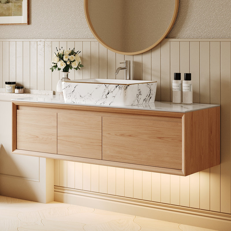 Armoire de salle de bain 48 po en noyer avec comptoir, sans lavabo, Blanc / Brun
