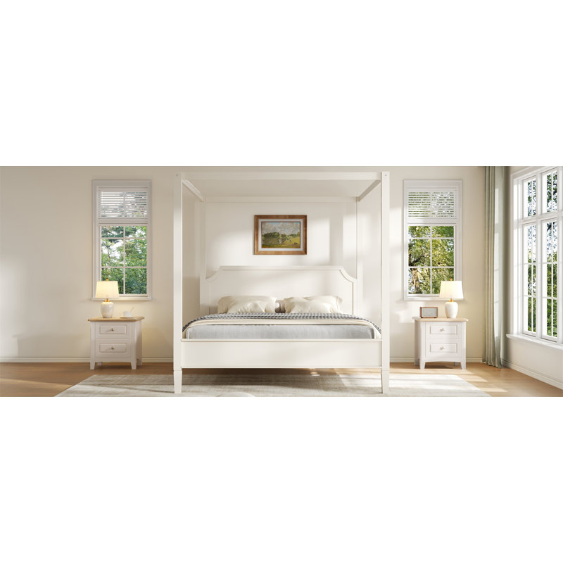 Lit plateforme à baldaquin en bois avec tête de lit et pieds de support, blanc crème