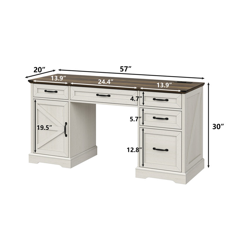Deanjelo 57" Farmhouse Computer Desk with Outlet and 5 Drawers&Filing Cabinet,Large Storage Cabinet for Home Office