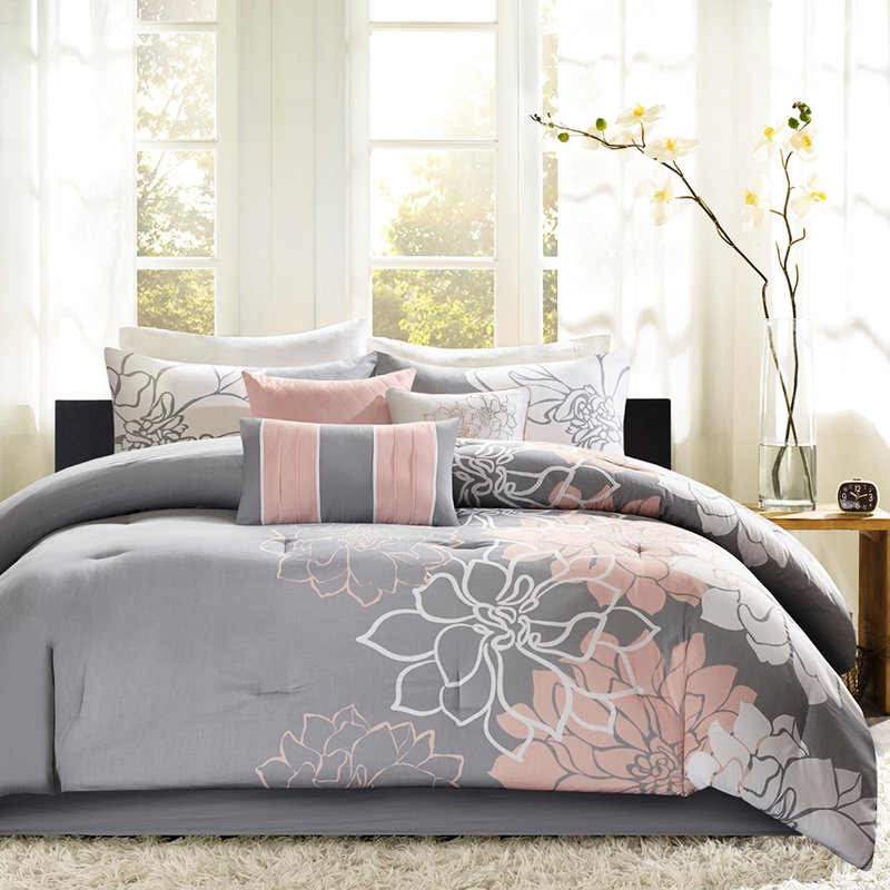 Édredon très grand avec imprimé gris / pêche - jupe de lit et literie à éléments décoratifs pour le coton et les coussins texturés