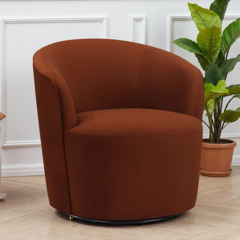 Chaise pivotante en velours orange brûlé Resnick - conception de baril rétro et rotation douce pour les espaces de vie modernes