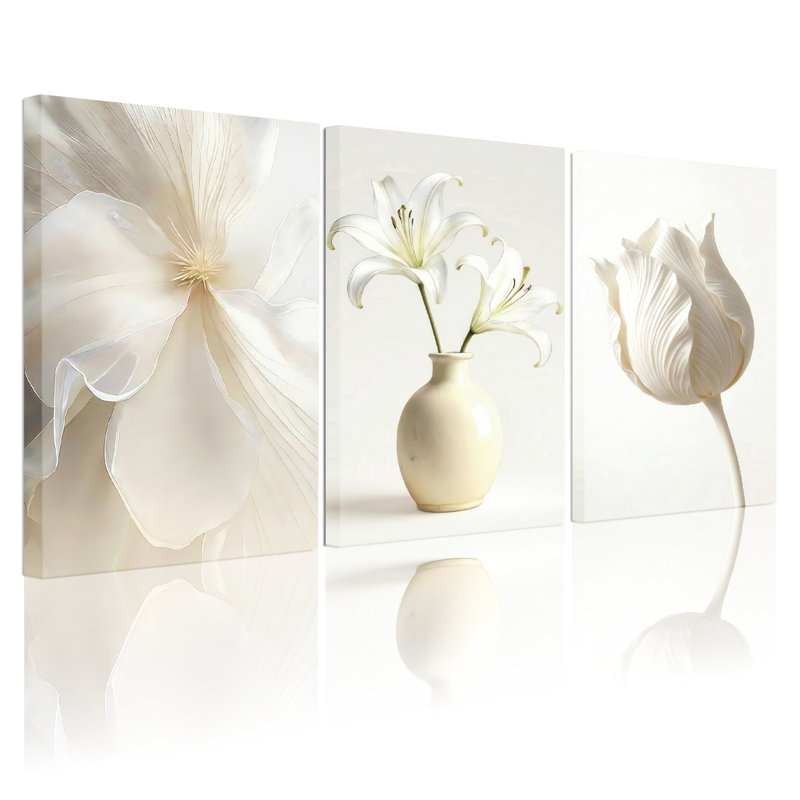 Lily Floral Canvas Wrapped Wall Art Oil Painting Print Set of 3 for Living Room Bedroom Home Decor, 18" H x 36" W